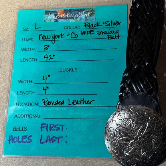 New York and Co Wide Braided Belt Womens L Black Oversized Silver Buckle Leather - Picture 11 of 11